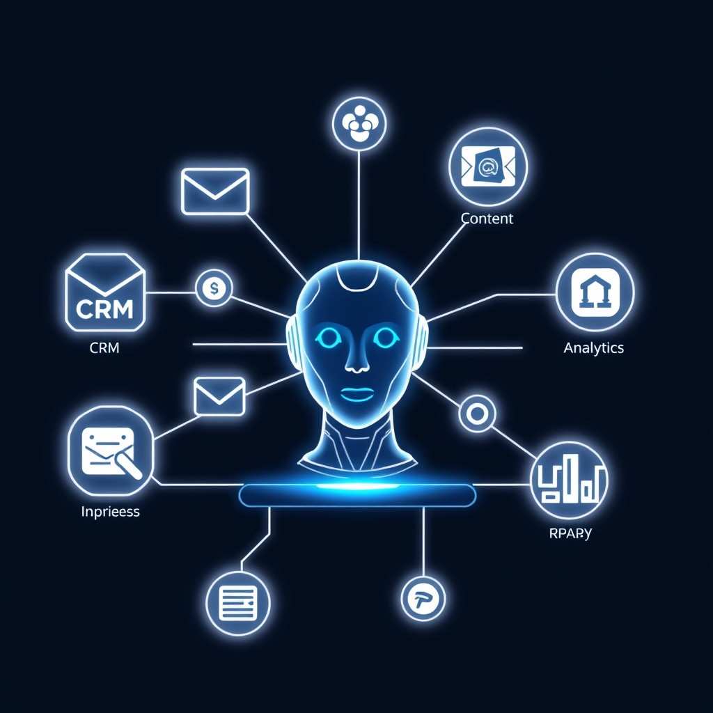 digiler-digital-marketing-agency-ai agent graphic analyzing business data and connecting to multiple digital platforms.